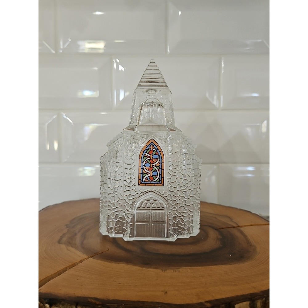 CHURCH GLASS ETCHED STAINED GLASS AVON VINTAGE 6.5" CLEAR HOLIDAY CHRISTMAS...